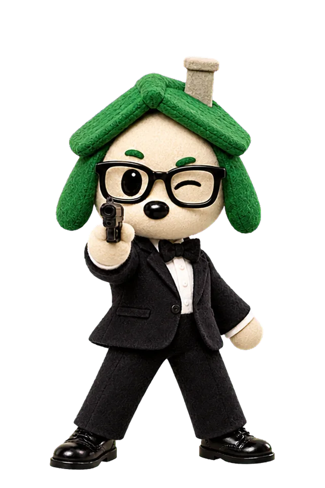 Fello, a felted dog in a suit, standing ready with a gun